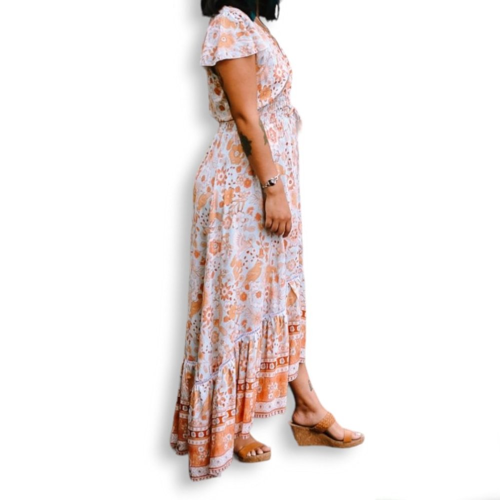 Honey Bunch blue orange + tan floral print high-low boho maxi dress fits AU 8-14 - Picture 7 of 15